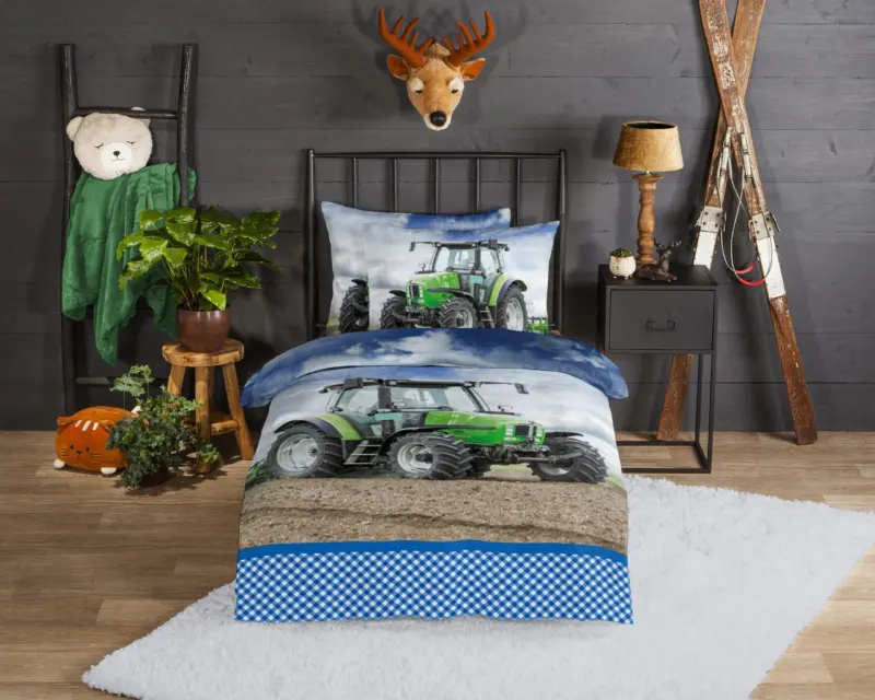 Good Morning Kinderdekbedovertrek “tractor” – Groen – (140×200/220 cm) – Katoen Flanel - Afbeelding 3