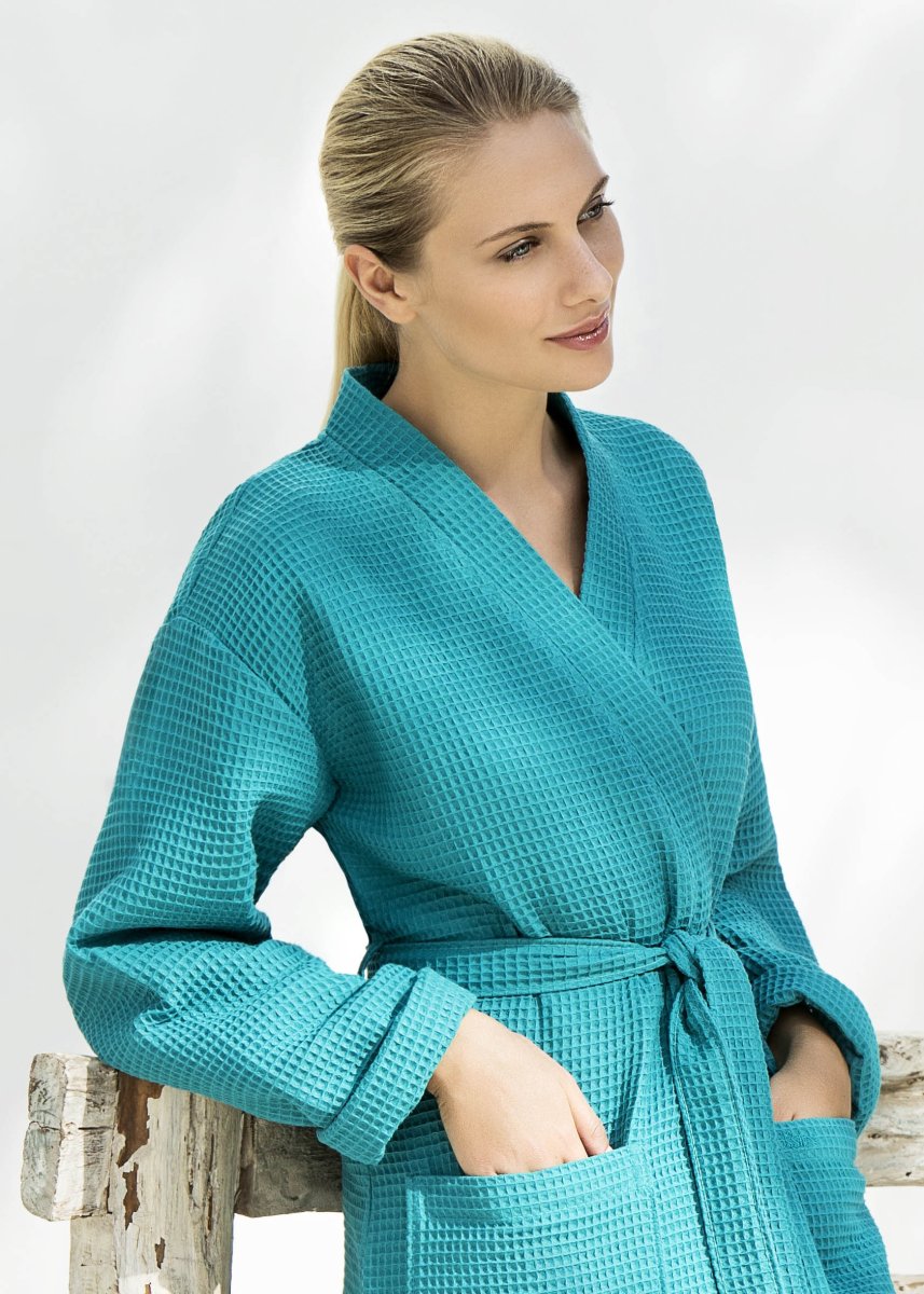Turquoise wafelkimono kort damesmodel van Vossen - Afbeelding 7